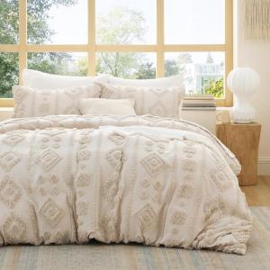 imageBedsure Green Duvet Cover Queen Size with Bowknot Jacquard Design Soft and Elegant Boho Bedding Set Luxurious Craftsmanship for a Stylish BedroomIncludes 1 90x90 Duvet Cover amp 2 Pillow Shams22  Beige Tufted No Comforter