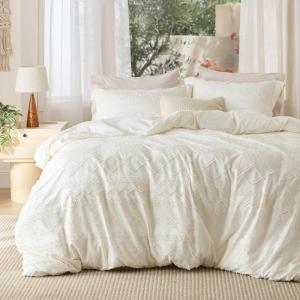 imageBedsure Green Duvet Cover Queen Size with Bowknot Jacquard Design Soft and Elegant Boho Bedding Set Luxurious Craftsmanship for a Stylish BedroomIncludes 1 90x90 Duvet Cover amp 2 Pillow Shams04  White No Comforter