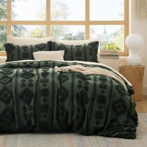 imageBedsure Green Duvet Cover Queen Size with Bowknot Jacquard Design Soft and Elegant Boho Bedding Set Luxurious Craftsmanship for a Stylish BedroomIncludes 1 90x90 Duvet Cover amp 2 Pillow Shams22  Green Tufted No Comforter