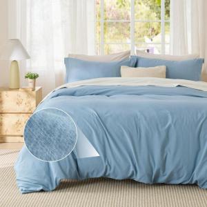 imageBedsure Textured Duvet Cover Queen Size  CottonLike Polyester Jacquard Duvet Cover Set for All Seasons  3 Pieces Elevated Dobby Ultra Soft Bedding Set NO Comforter Olive Green Queen 90x 9005  Chambray Blue No Comforter
