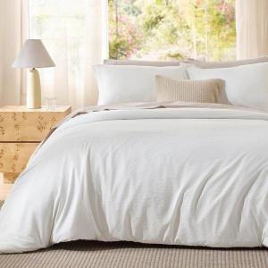 imageBedsure Textured Duvet Cover Queen Size  CottonLike Polyester Jacquard Duvet Cover Set for All Seasons  3 Pieces Elevated Dobby Ultra Soft Bedding Set NO Comforter Olive Green Queen 90x 9001  White No Comforter