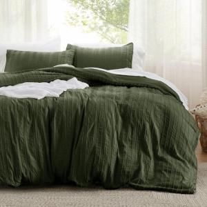 imageBedsure Waffle Weave Duvet Cover Queen Size Luxury Soft amp Breathable Comforter Cover for All Season 3 Pieces WrinkleResistant Zipper Bedding with 8 Corner Ties Black09  Olive Green  Stripe No Comforter
