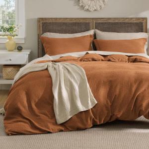 imageBedsure Waffle Weave Duvet Cover Queen Size Luxury Soft amp Breathable Comforter Cover for All Season 3 Pieces WrinkleResistant Zipper Bedding with 8 Corner Ties Black07  Caramel Cafe No Comforter