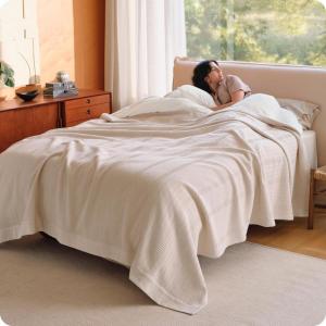 imageBedsure 100 Certified Organic Cotton Blanket  King Size Soft amp Breathable Luxury Blankets for Bed All Seasons Waffle amp Herringbone PureWoven Textured Thermal Blanket for Adults Kids Beige03  Beige