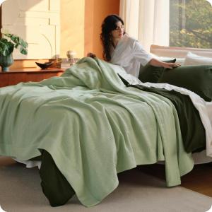 imageBedsure 100 Certified Organic Cotton Blanket  King Size Soft amp Breathable Luxury Blankets for Bed All Seasons Waffle amp Herringbone PureWoven Textured Thermal Blanket for Adults Kids Beige04  Light Green