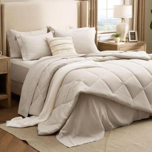 imageBedsure 7 Pieces Queen Comforter Set Premium Series Hotel Luxury Soft Bed in a Bag Goose Down Alternative Safe for Sensitive Skin Bedding Comforter All Season Medium Warmth Olive Green Queen Size04  Beige