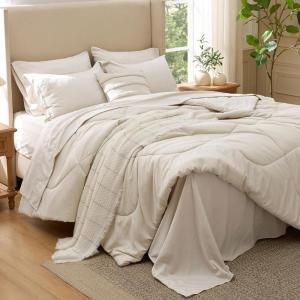 imageBedsure 7 Pieces Queen Comforter Set Premium Series Hotel Luxury Soft Bed in a Bag Goose Down Alternative Safe for Sensitive Skin Bedding Comforter All Season Medium Warmth Olive Green Queen Size07  Cream  Wavy Quilted