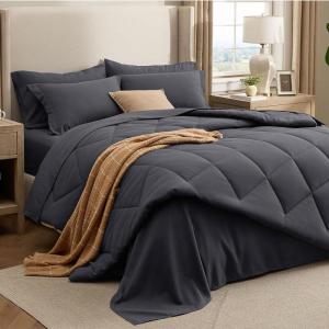 imageBedsure 7 Pieces Queen Comforter Set Premium Series Hotel Luxury Soft Bed in a Bag Goose Down Alternative Safe for Sensitive Skin Bedding Comforter All Season Medium Warmth Olive Green Queen Size05  Dark Grey