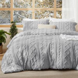 imageBedsure Boho Comforter Set Queen  Olive Green Tufted Queen Size Comforter 3 Pieces FarmhouseStyle Embroidery Bed Set Soft Fluffy Geometric Pattern Bedding for All Seasons18  Light Grey  Elegant