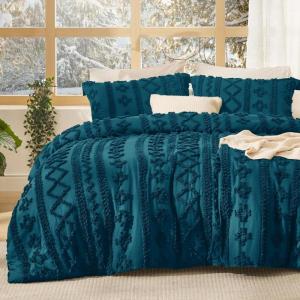 imageBedsure Boho Comforter Set Queen  Olive Green Tufted Queen Size Comforter 3 Pieces FarmhouseStyle Embroidery Bed Set Soft Fluffy Geometric Pattern Bedding for All Seasons16  Teal  Elegant