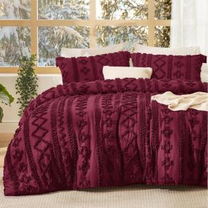 imageBedsure Boho Comforter Set Queen  Olive Green Tufted Queen Size Comforter 3 Pieces FarmhouseStyle Embroidery Bed Set Soft Fluffy Geometric Pattern Bedding for All Seasons27  Burgundy  Elegant