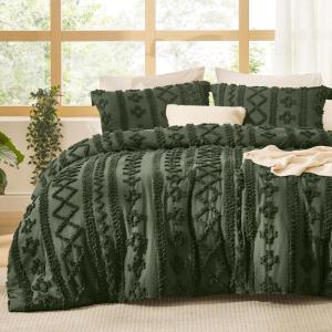 imageBedsure Boho Comforter Set Queen  Olive Green Tufted Queen Size Comforter 3 Pieces FarmhouseStyle Embroidery Bed Set Soft Fluffy Geometric Pattern Bedding for All Seasons14  Olive Green  Elegant