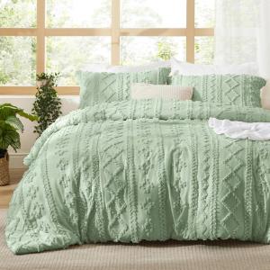imageBedsure Boho Comforter Set Queen  Olive Green Tufted Queen Size Comforter 3 Pieces FarmhouseStyle Embroidery Bed Set Soft Fluffy Geometric Pattern Bedding for All Seasons13  Sage Green  Elegant