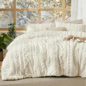 imageBedsure Boho Comforter Set Queen  Olive Green Tufted Queen Size Comforter 3 Pieces FarmhouseStyle Embroidery Bed Set Soft Fluffy Geometric Pattern Bedding for All Seasons11  Ivory  Elegant