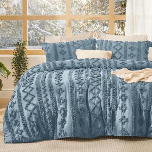 imageBedsure Boho Comforter Set Queen  Olive Green Tufted Queen Size Comforter 3 Pieces FarmhouseStyle Embroidery Bed Set Soft Fluffy Geometric Pattern Bedding for All Seasons21  Dusty Blue  Elegant