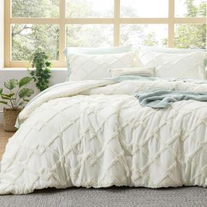 imageBedsure Boho Comforter Set Queen  Olive Green Tufted Queen Size Comforter 3 Pieces FarmhouseStyle Embroidery Bed Set Soft Fluffy Geometric Pattern Bedding for All Seasons03  Ivory  Diamond Like