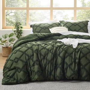 imageBedsure Boho Comforter Set Queen  Olive Green Tufted Queen Size Comforter 3 Pieces FarmhouseStyle Embroidery Bed Set Soft Fluffy Geometric Pattern Bedding for All Seasons05  Olive Green  Diamond Like