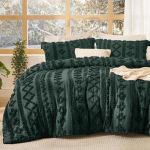 imageBedsure Boho Comforter Set Queen  Olive Green Tufted Queen Size Comforter 3 Pieces FarmhouseStyle Embroidery Bed Set Soft Fluffy Geometric Pattern Bedding for All Seasons15  Dark Green  Elegant