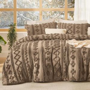 imageBedsure Boho Comforter Set Queen  Olive Green Tufted Queen Size Comforter 3 Pieces FarmhouseStyle Embroidery Bed Set Soft Fluffy Geometric Pattern Bedding for All Seasons10  Light Brown  Elegant