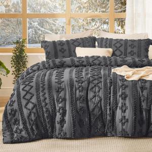 imageBedsure Boho Comforter Set Queen  Olive Green Tufted Queen Size Comforter 3 Pieces FarmhouseStyle Embroidery Bed Set Soft Fluffy Geometric Pattern Bedding for All Seasons19  Dark Grey  Elegant
