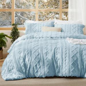 imageBedsure Boho Comforter Set Queen  Olive Green Tufted Queen Size Comforter 3 Pieces FarmhouseStyle Embroidery Bed Set Soft Fluffy Geometric Pattern Bedding for All Seasons20  Light Blue  Elegant