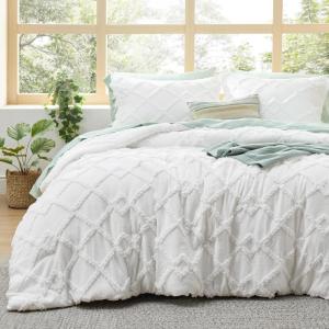imageBedsure Boho Comforter Set Queen  Olive Green Tufted Queen Size Comforter 3 Pieces FarmhouseStyle Embroidery Bed Set Soft Fluffy Geometric Pattern Bedding for All Seasons02  White  Diamond Like