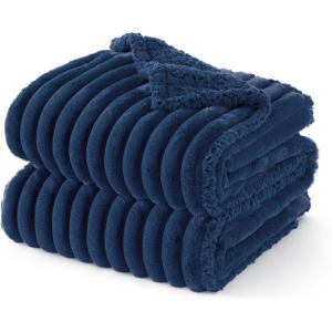 imageBedsure ComfyFleece Waterproof Blanket for Bed  Soft Plush Dog Blankets for Large Dogs Corduroy Fleece Washable Cozy Calming Reversible Furniture Protection for Pet Cat86x90 QueenCreamNight Blue