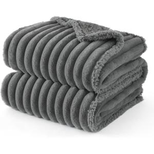 imageBedsure ComfyFleece Waterproof Blanket for Bed  Soft Plush Dog Blankets for Large Dogs Corduroy Fleece Washable Cozy Calming Reversible Furniture Protection for Pet Cat86x90 QueenCreamWarm Grey