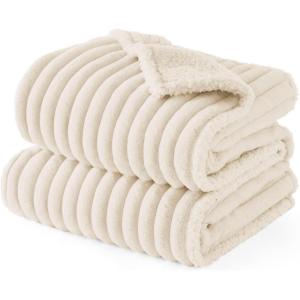 imageBedsure ComfyFleece Waterproof Blanket for Bed  Soft Plush Dog Blankets for Large Dogs Corduroy Fleece Washable Cozy Calming Reversible Furniture Protection for Pet Cat86x90 QueenCreamCream