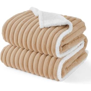 imageBedsure ComfyFleece Waterproof Blanket for Bed  Soft Plush Dog Blankets for Large Dogs Corduroy Fleece Washable Cozy Calming Reversible Furniture Protection for Pet Cat86x90 QueenCreamSandy Beige