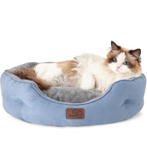 imageBedsure Self Warming Cat Bed  Round Cat Beds for Indoor Cats Washable Pet Bed for Puppy and Kitten with SlipResistant Bottom 20 Inches Self Warming Grey NonElectricFrost Blue