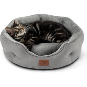 imageBedsure Self Warming Cat Bed  Round Cat Beds for Indoor Cats Washable Pet Bed for Puppy and Kitten with SlipResistant Bottom 20 Inches Self Warming Grey NonElectricGrey