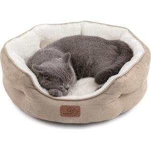 imageBedsure Self Warming Cat Bed  Round Cat Beds for Indoor Cats Washable Pet Bed for Puppy and Kitten with SlipResistant Bottom 20 Inches Self Warming Grey NonElectricCamel