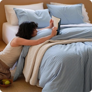 image:imageBedsure Striped Duvet Cover Queen 100 Washed Cotton Duvet Cover LinenLike PureWoven with Reversible YarnDyed Design amp DoubleStitch Craft 3Piece with Zipper Closure Stripes White 90x9004  Stripes  Cornflower Blue