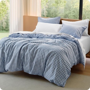 image:imageBedsure Striped Duvet Cover Queen 100 Washed Cotton Duvet Cover LinenLike PureWoven with Reversible YarnDyed Design amp DoubleStitch Craft 3Piece with Zipper Closure Stripes White 90x9009  Gingham  Cornflower Blue