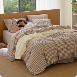 image:imageBedsure Striped Duvet Cover Queen 100 Washed Cotton Duvet Cover LinenLike PureWoven with Reversible YarnDyed Design amp DoubleStitch Craft 3Piece with Zipper Closure Stripes White 90x9008  Gingham  Light Brown
