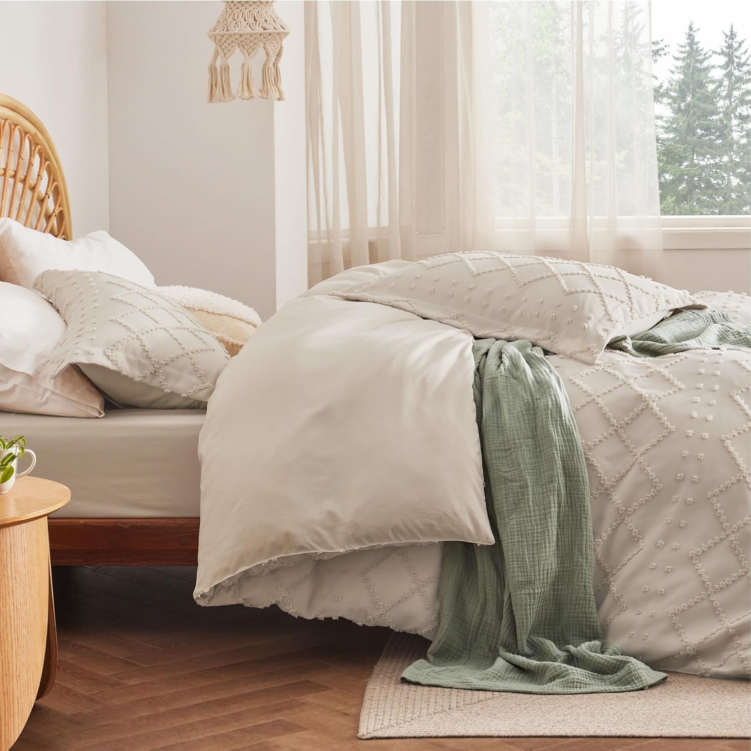 image:imageBedsure Boho Duvet Cover King Size  Rose Pink Tufted Boho Bedding Distressed Vintage Embroidery Bedding for All Seasons 3 Pieces 1 Soft Jacquard King Comforter Cover and 2 Pillow Shams02  Beige No Comforter