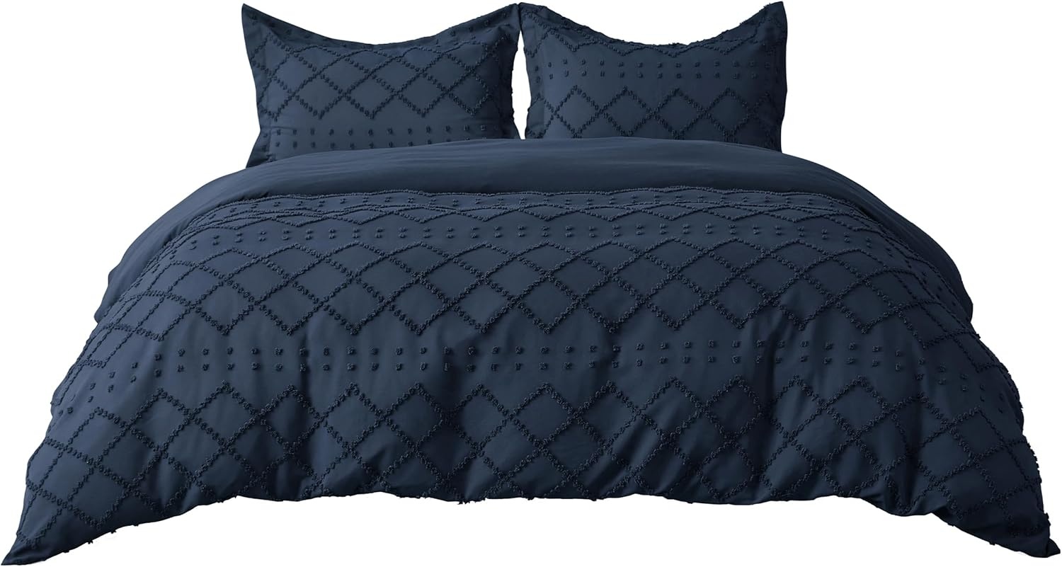 image:imageBedsure Boho Duvet Cover King Size  Rose Pink Tufted Boho Bedding Distressed Vintage Embroidery Bedding for All Seasons 3 Pieces 1 Soft Jacquard King Comforter Cover and 2 Pillow Shams02  Navy No Comforter