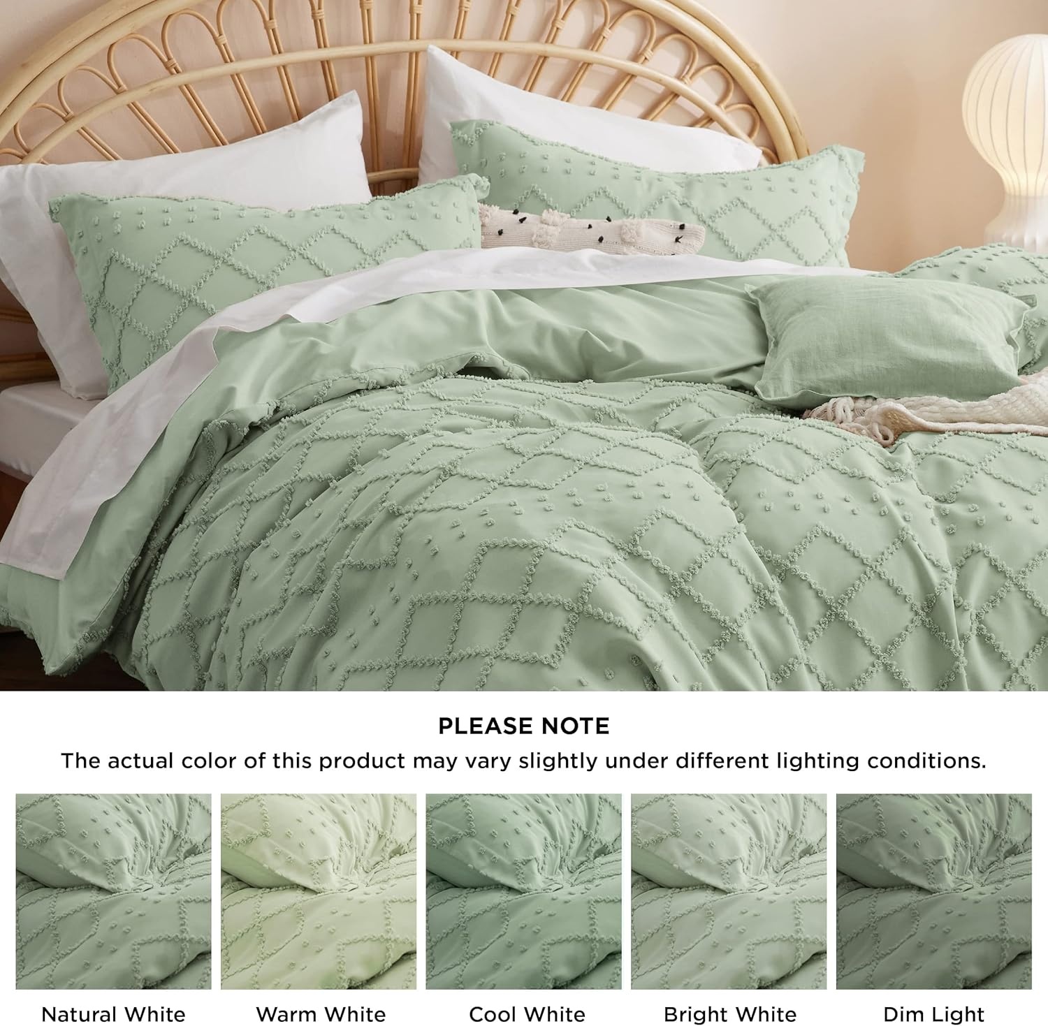 image:imageBedsure Boho Duvet Cover King Size  Rose Pink Tufted Boho Bedding Distressed Vintage Embroidery Bedding for All Seasons 3 Pieces 1 Soft Jacquard King Comforter Cover and 2 Pillow Shams13  Sage Green No Comforter