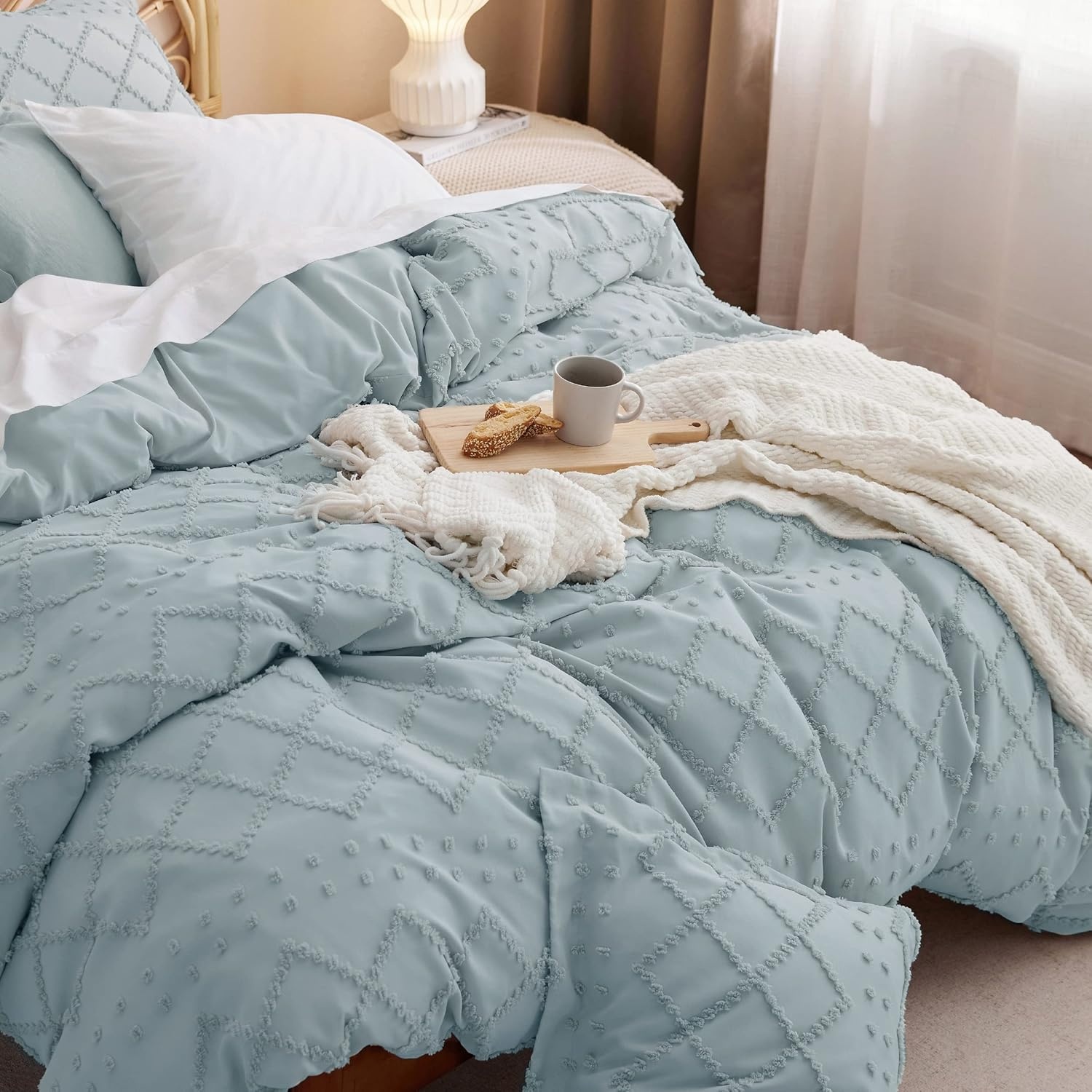 image:imageBedsure Boho Duvet Cover King Size  Rose Pink Tufted Boho Bedding Distressed Vintage Embroidery Bedding for All Seasons 3 Pieces 1 Soft Jacquard King Comforter Cover and 2 Pillow Shams10  Dusty Blue No Comforter