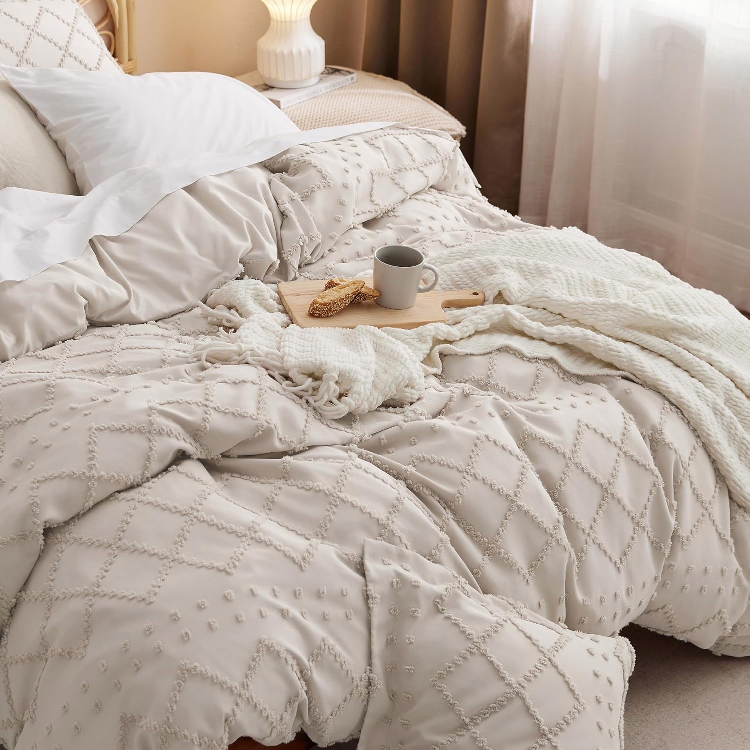 image:imageBedsure Boho Duvet Cover King Size  Rose Pink Tufted Boho Bedding Distressed Vintage Embroidery Bedding for All Seasons 3 Pieces 1 Soft Jacquard King Comforter Cover and 2 Pillow Shams07  Beige No Comforter
