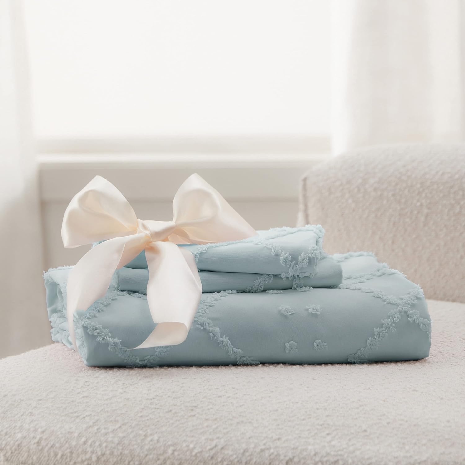 image:imageBedsure Boho Duvet Cover King Size  Rose Pink Tufted Boho Bedding Distressed Vintage Embroidery Bedding for All Seasons 3 Pieces 1 Soft Jacquard King Comforter Cover and 2 Pillow Shams10  Dusty Blue No Comforter