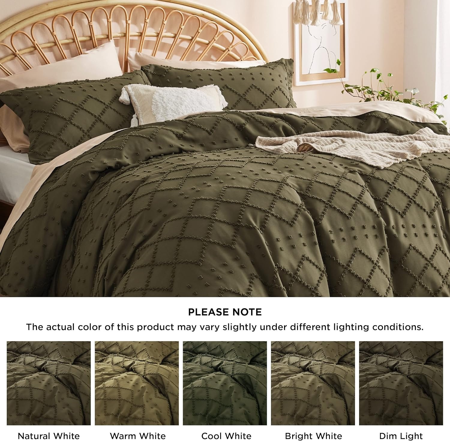 image:imageBedsure Boho Duvet Cover King Size  Rose Pink Tufted Boho Bedding Distressed Vintage Embroidery Bedding for All Seasons 3 Pieces 1 Soft Jacquard King Comforter Cover and 2 Pillow Shams22  Dark Green No Comforter