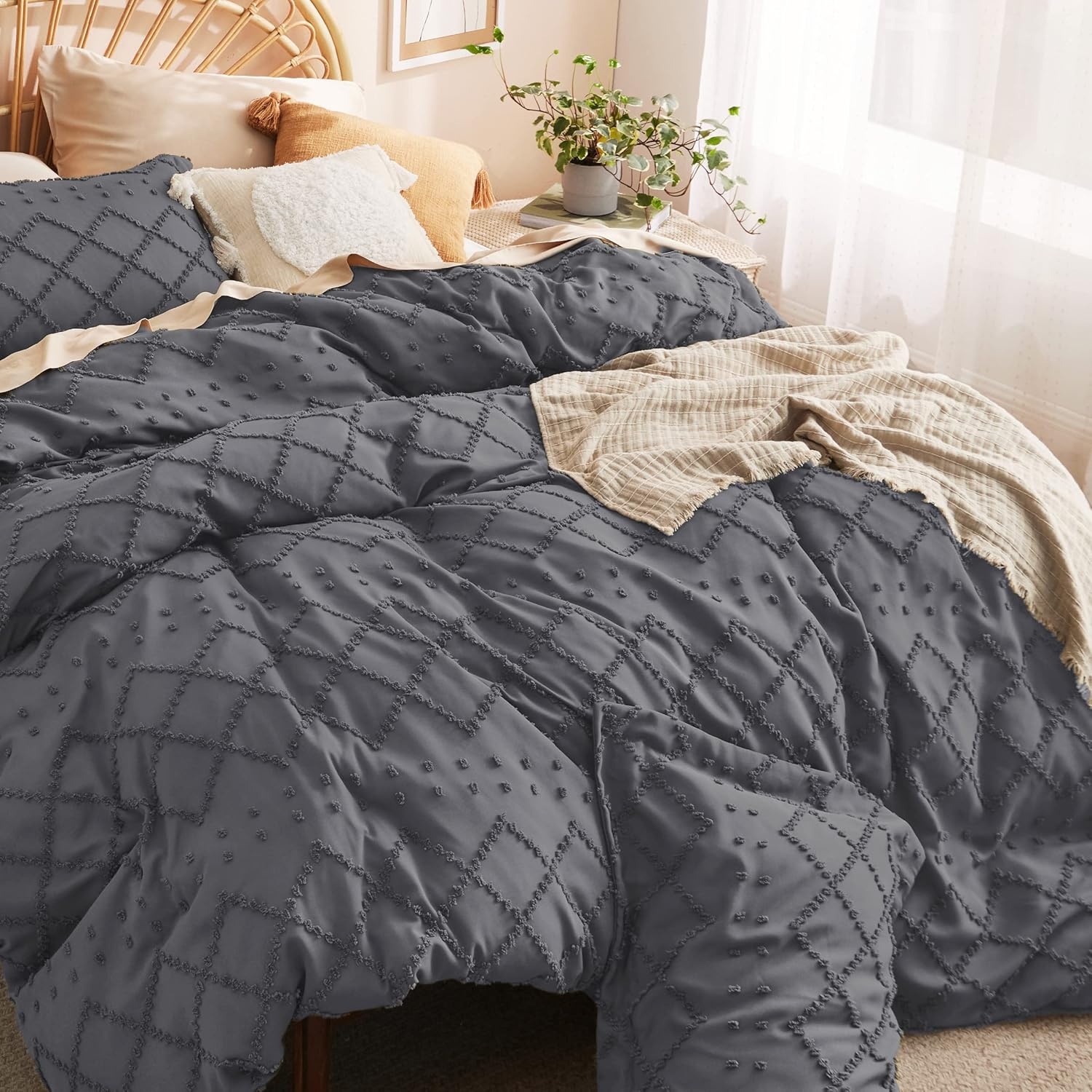 image:imageBedsure Boho Duvet Cover King Size  Rose Pink Tufted Boho Bedding Distressed Vintage Embroidery Bedding for All Seasons 3 Pieces 1 Soft Jacquard King Comforter Cover and 2 Pillow Shams15  Dark Grey No Comforter