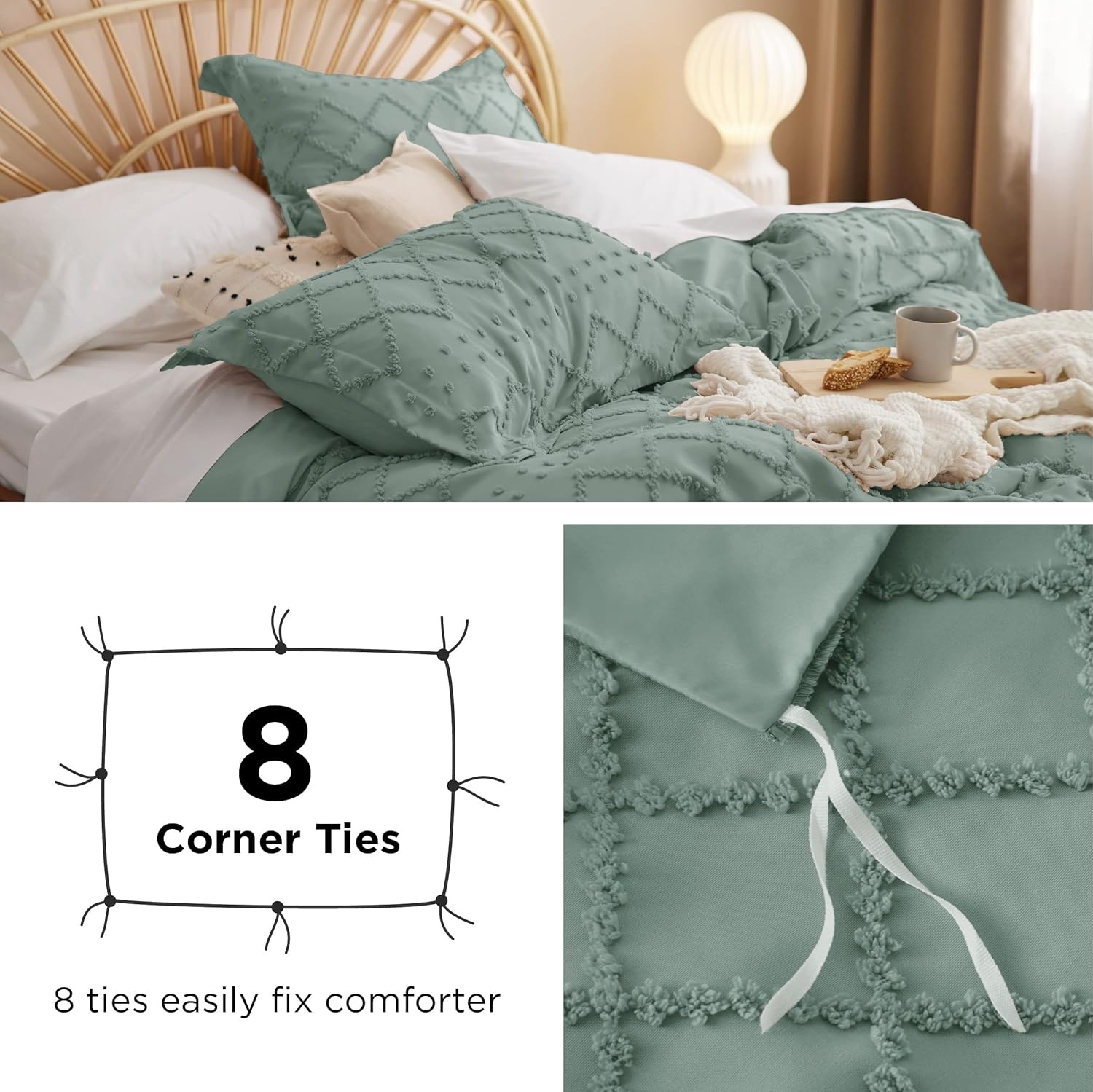 image:imageBedsure Boho Duvet Cover King Size  Rose Pink Tufted Boho Bedding Distressed Vintage Embroidery Bedding for All Seasons 3 Pieces 1 Soft Jacquard King Comforter Cover and 2 Pillow Shams16  Green No Comforter