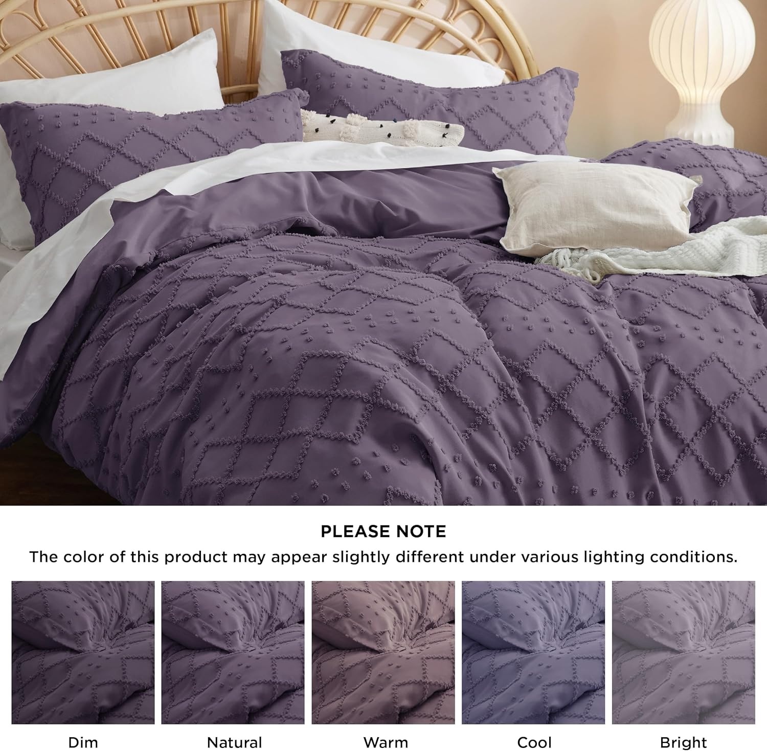image:imageBedsure Boho Duvet Cover King Size  Rose Pink Tufted Boho Bedding Distressed Vintage Embroidery Bedding for All Seasons 3 Pieces 1 Soft Jacquard King Comforter Cover and 2 Pillow Shams00  Grayish Purple No Comforter