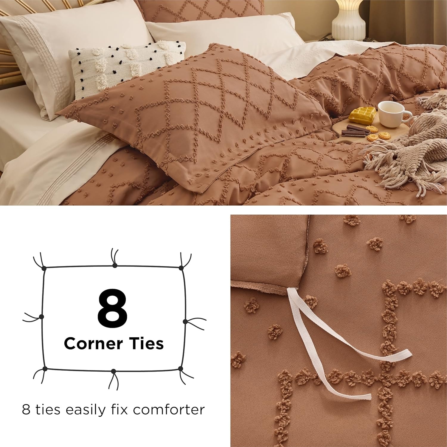 image:imageBedsure Boho Duvet Cover King Size  Rose Pink Tufted Boho Bedding Distressed Vintage Embroidery Bedding for All Seasons 3 Pieces 1 Soft Jacquard King Comforter Cover and 2 Pillow Shams17  Burnt Orange No Comforter