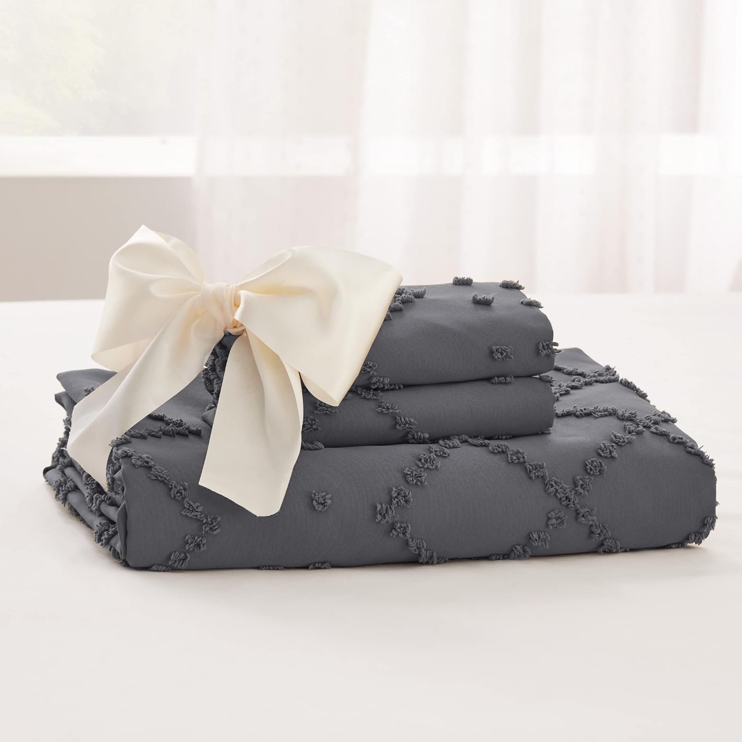 image:imageBedsure Boho Duvet Cover King Size  Rose Pink Tufted Boho Bedding Distressed Vintage Embroidery Bedding for All Seasons 3 Pieces 1 Soft Jacquard King Comforter Cover and 2 Pillow Shams15  Dark Grey No Comforter