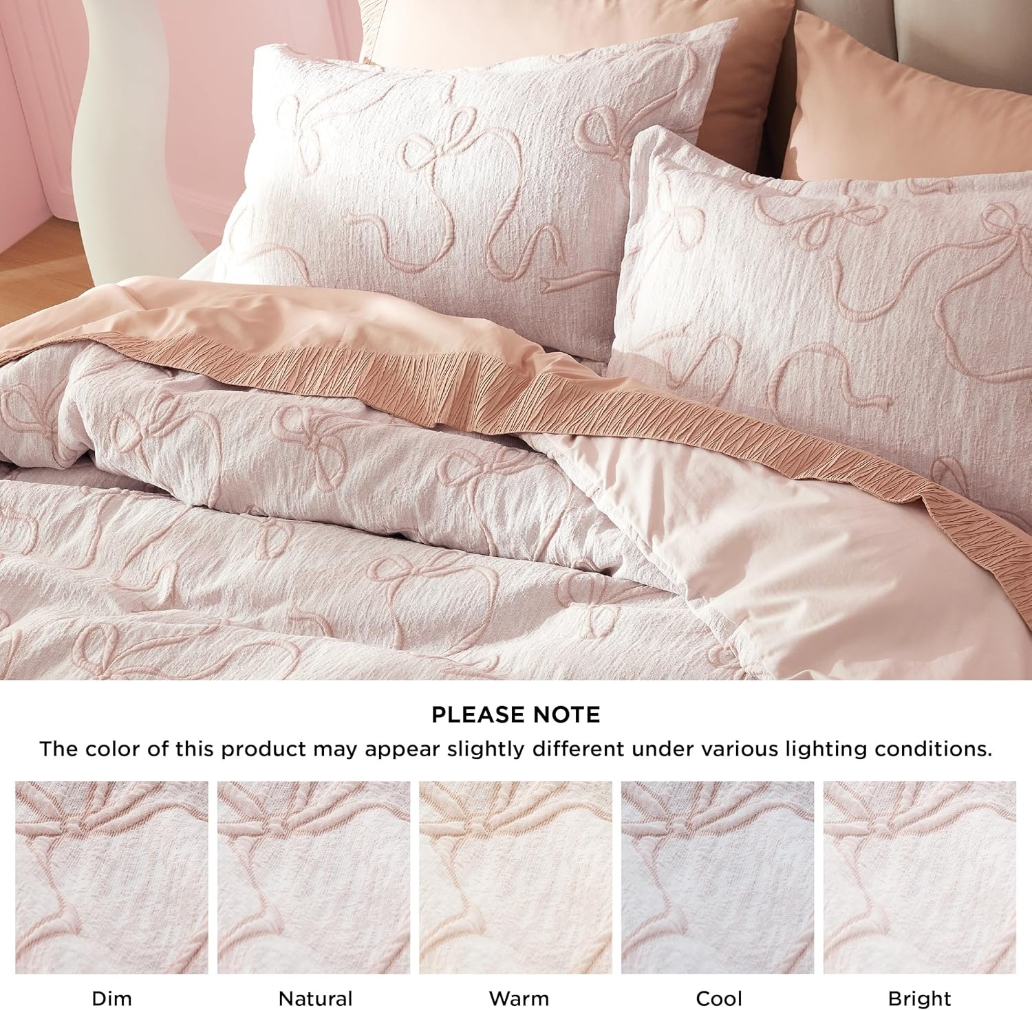 image:imageBedsure Boho Duvet Cover King Size  Rose Pink Tufted Boho Bedding Distressed Vintage Embroidery Bedding for All Seasons 3 Pieces 1 Soft Jacquard King Comforter Cover and 2 Pillow Shams06  Pink Bowknot No Comforter