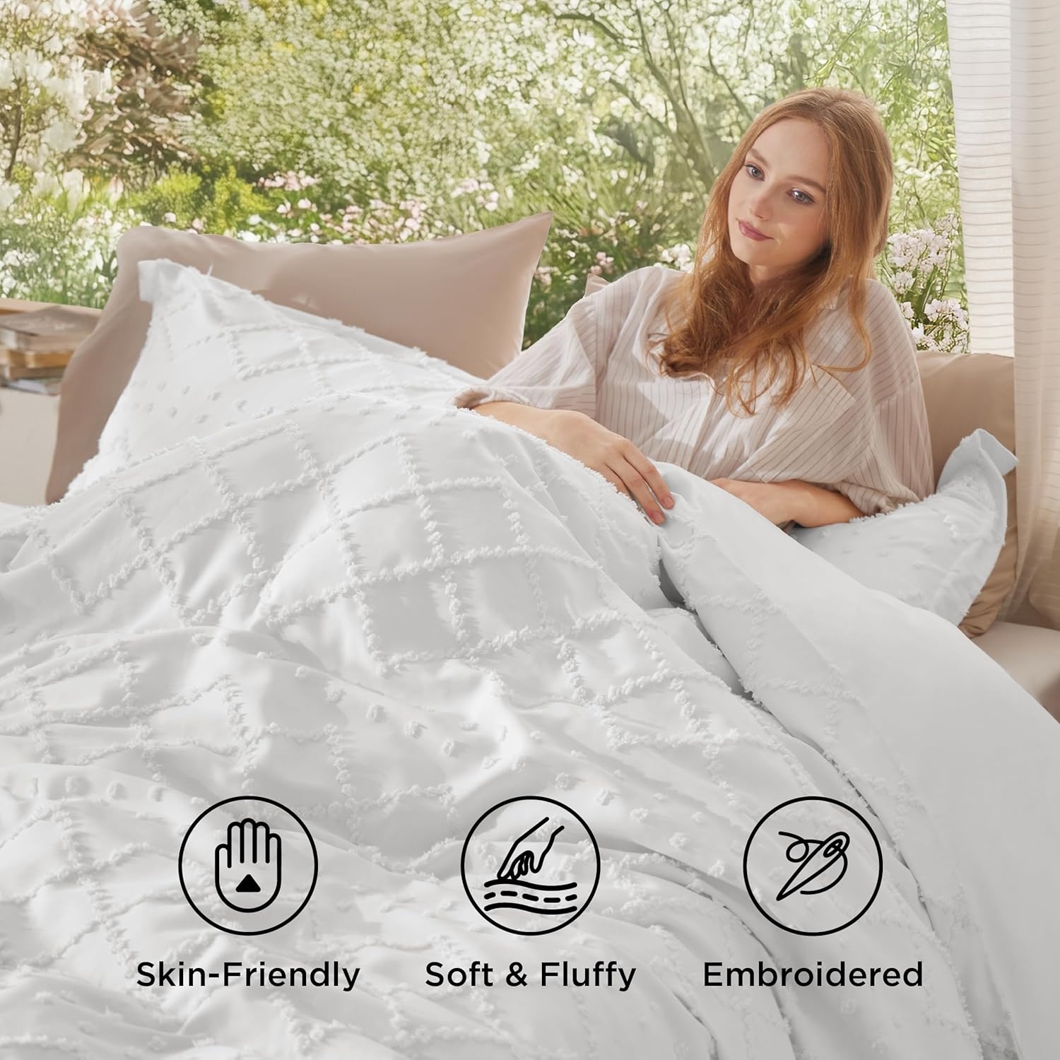 image:imageBedsure Boho Duvet Cover King Size  Rose Pink Tufted Boho Bedding Distressed Vintage Embroidery Bedding for All Seasons 3 Pieces 1 Soft Jacquard King Comforter Cover and 2 Pillow Shams01  White No Comforter